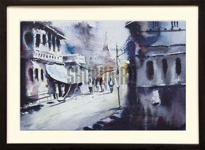 A landscape painting of a Road  in Banaras: Digital Print of a road in Varanasi
