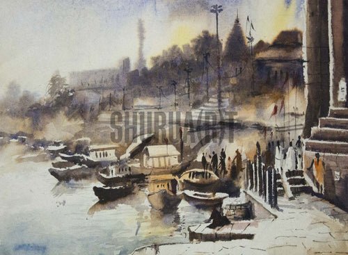 A beautiful painting of a ghat in Banaras