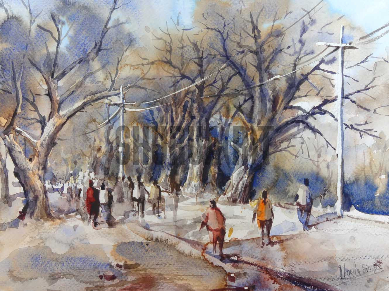 A landscape painting of a Road  in Banaras Hindu Univesity