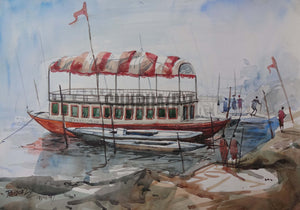 Painting of a boat in Ganges in Varanasi