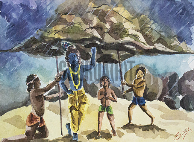 God Krishna Lifting Mountain Govardhan