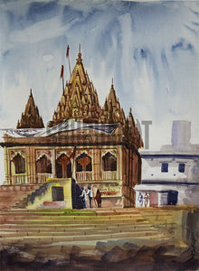 A landscape painting of temple at Assi Ghat in Varanasi