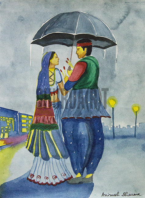 A Loving Couple under an Umbrella