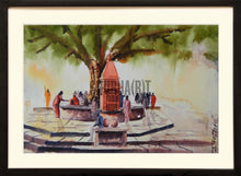 Load image into Gallery viewer, A holy communion: A landscape painting of temple under a tree at Assi Ghat in Varanasi