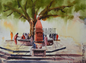 A holy communion: A landscape painting of temple under a tree at Assi Ghat in Varanasi